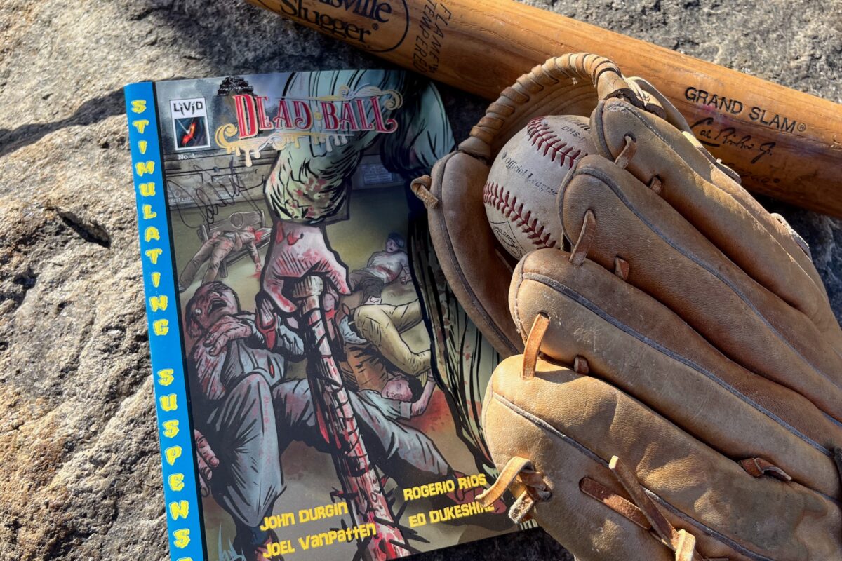 Dead Ball from Livid Comics photo of comic with baseball bat, baseball glove, and baseball