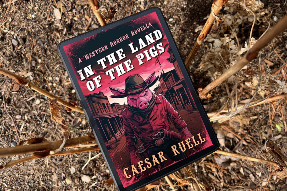 In the Land of the Pigs by Caesar Ruell book photo by Erica Robyn Reads featuring a pig in western cowboy gear