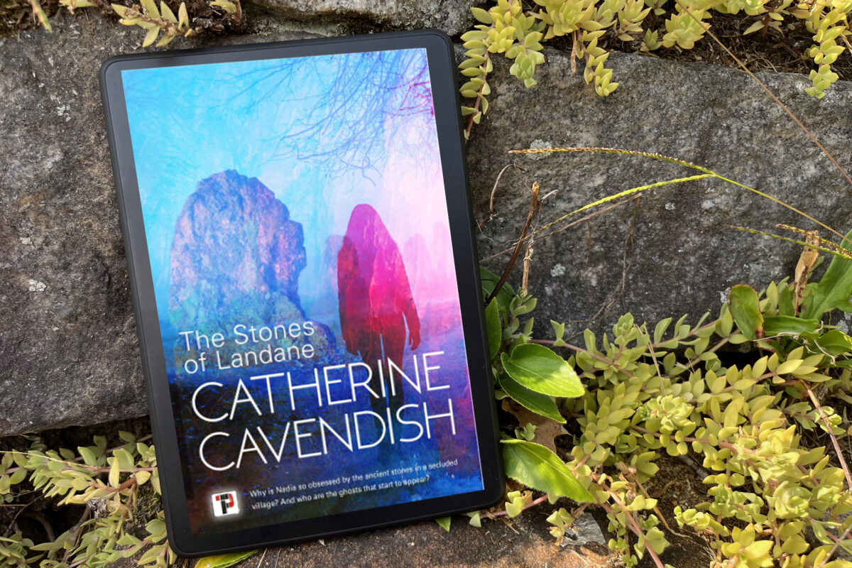 The Stones of Landane by Catherine Cavendish - pastel book cover featuring a woman walking toward some standing stones