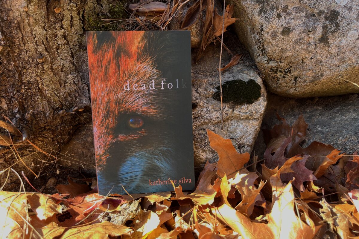 Photo of a small paperback book - Dead Folk by Katherine Silva - sitting in a pile of fallen leaves