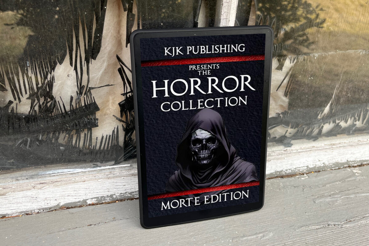 KJK Publishing Presents The Horror Collection: Morte Edition | Book photo features a dark book cover with a being wearing a metal mask